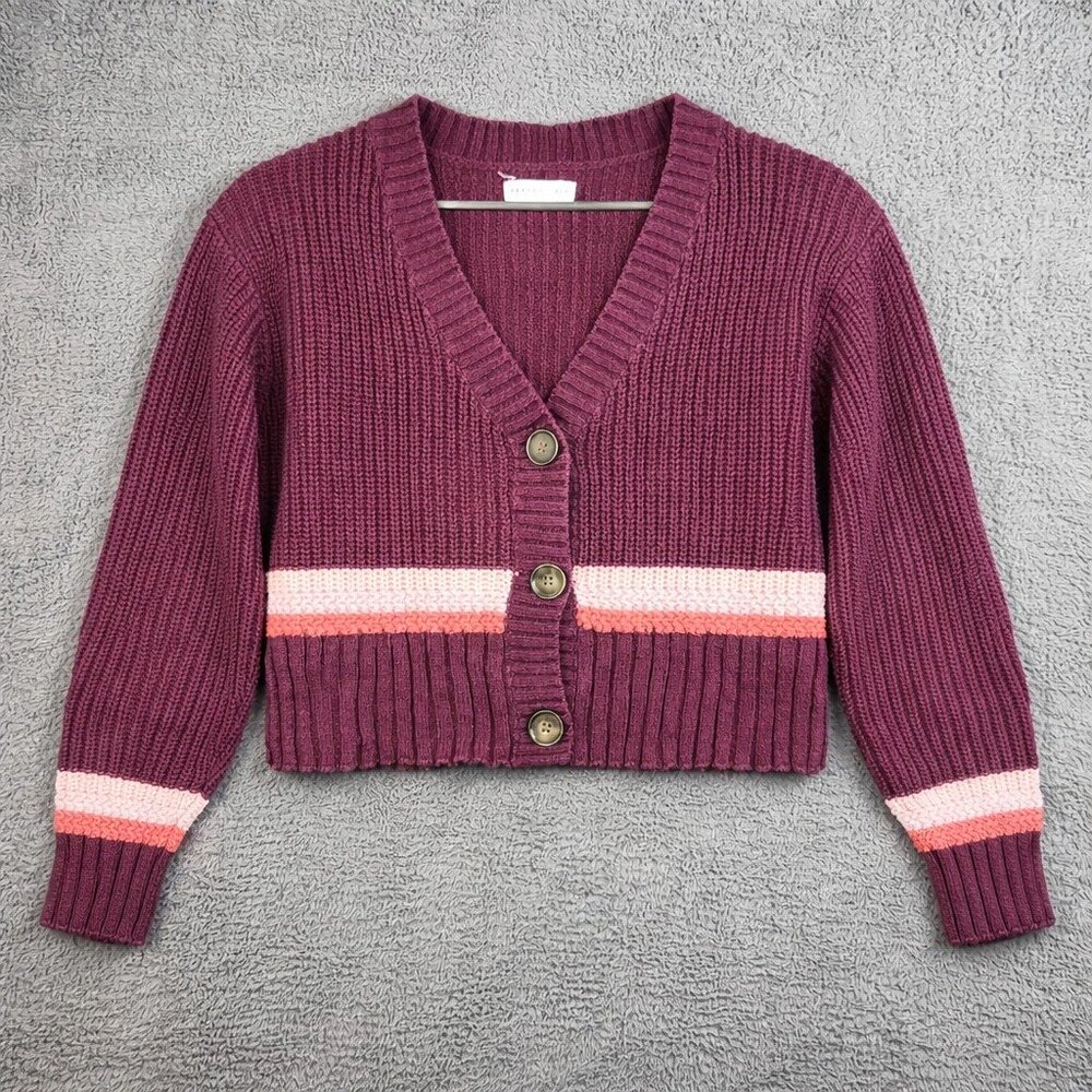 Women's Cropped Boxy Oversized Cardigan Sweater Extra Small Burgundy Y2K Preppy - Picture 1 of 11